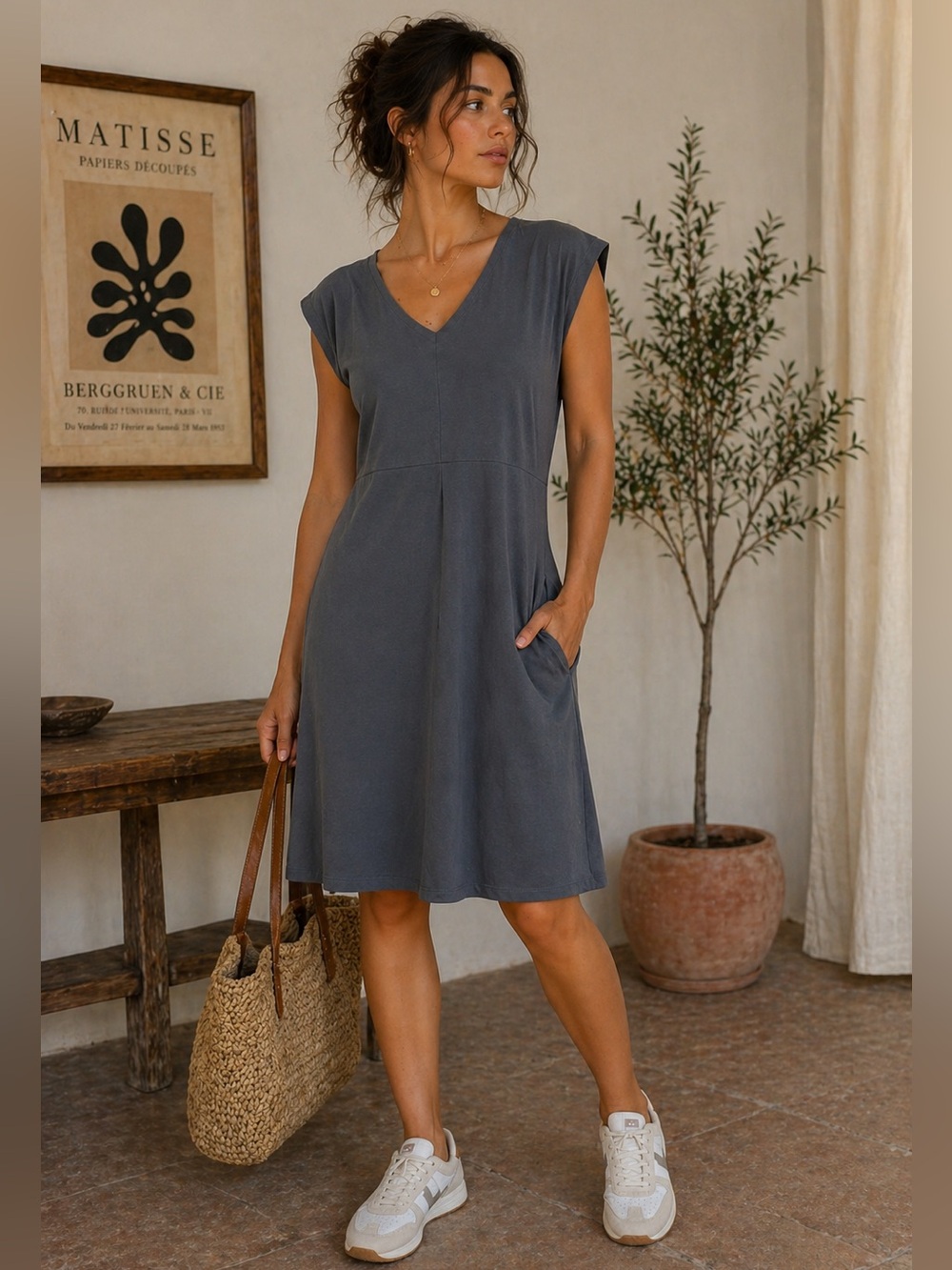 FIG Voyage Blue Gray Travel Dress XL Soft Stretch Minimalist Casual Chic Sporty